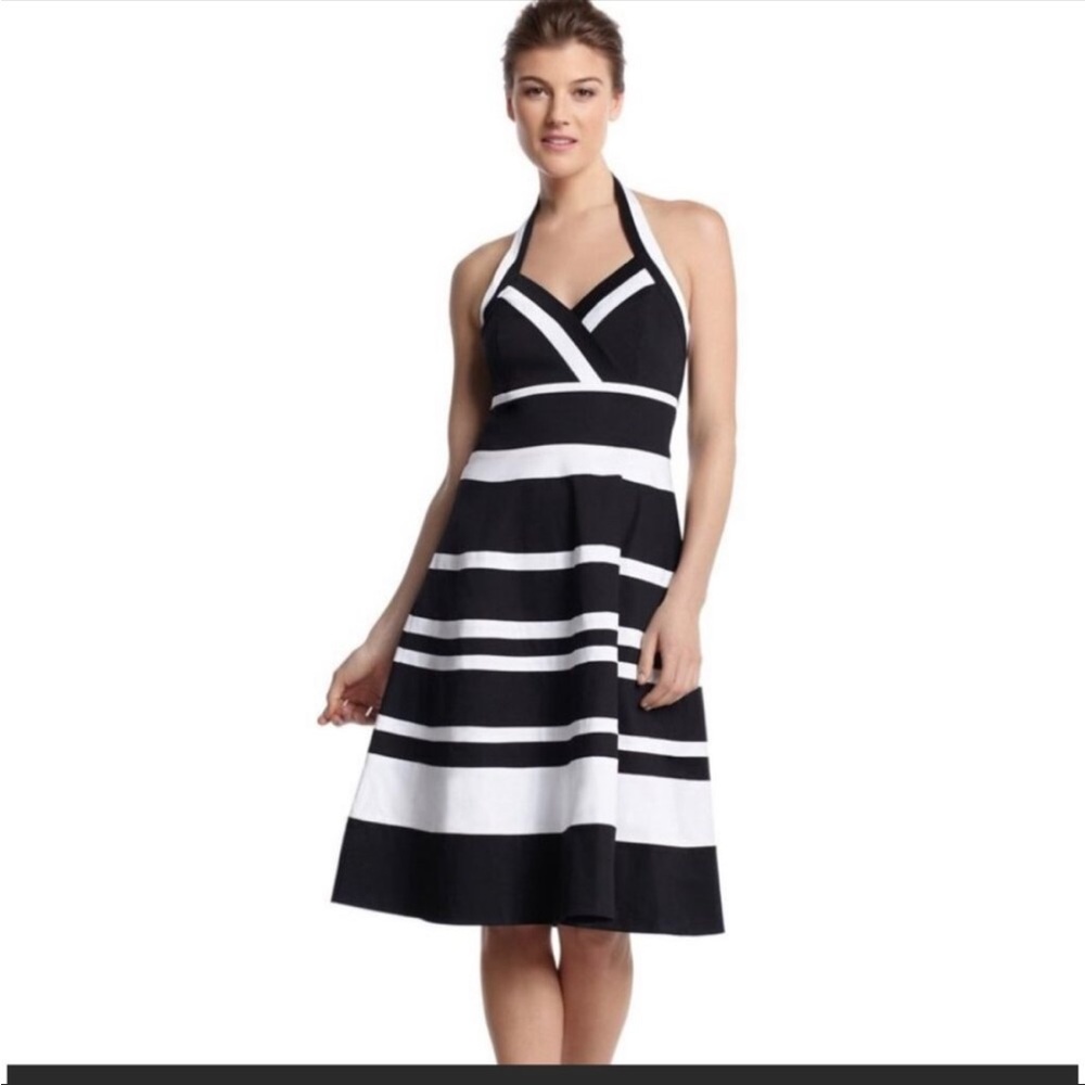 White House Black Market (WHBM) Black & White Stripped Halter Knee Length Dress - Picture 1 of 16